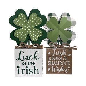 St Patrick’s Day Green White Wood Plaid/Dotted Shamrock Decor Mantel Table Set